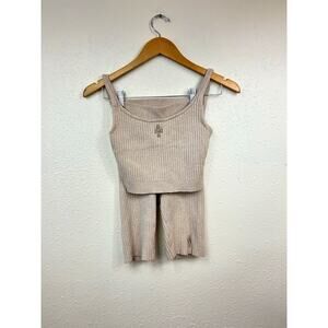 OVO Set Women’s Oatmeal Beige Ribbed Knit Loungewear Biker Shorts And Tank Top S